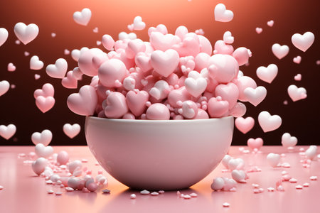 A white ceramic bowl overflowing with pastel pink heartsの素材