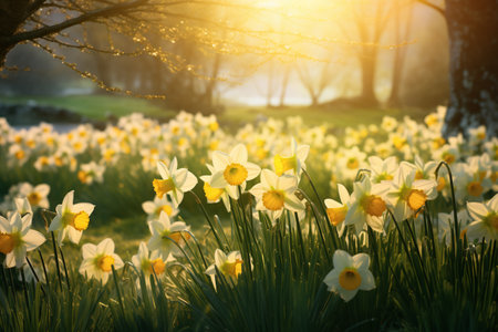A cluster of yellow daffodils and green grassの素材