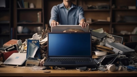 a person packing electronic items, including a keyboard and a laptopの素材