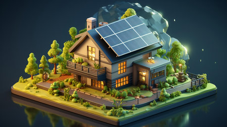 illustration of a smart home with solar panels on the roofの素材