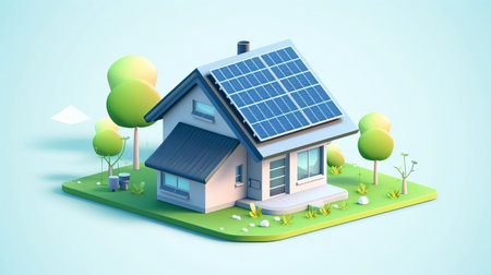 illustration of a smart home with solar panels on the roofの素材