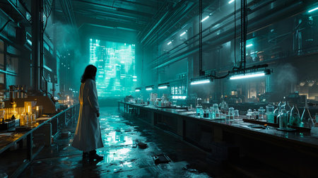 a futuristic photograph of a scientist in a lab coat, standing before a towering holographic banner displaying complex medical equations and symbols.の素材