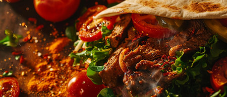 fresh grilled beef turkish shawarma doner sandwich with flying ingredients and spicesの素材