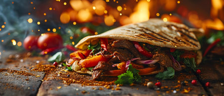 fresh grilled beef turkish shawarma doner sandwich with flying ingredients and spicesの素材