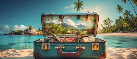 Banner of vacation travel with open suitcase revealing exotic destinationの素材
