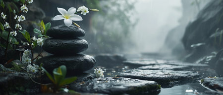 white plumeria white flowers and stack of black stonesの素材