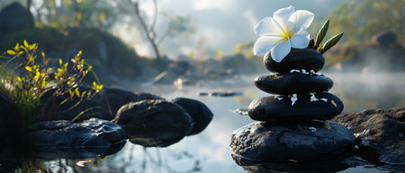 white plumeria white flowers and stack of black stonesの素材
