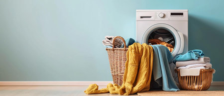 Laundry basket on the background of the washing machineの素材