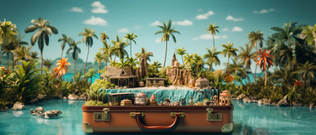 Banner of vacation travel with open suitcase revealing exotic destinationの素材
