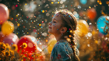 Balloons and confetti decoration for surprise parties event setupの素材