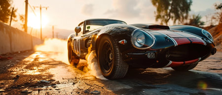 generic sports car performing burnout, drifting on racing track with smokeの素材