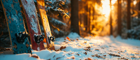 group of snowboards with snow forest backbannerの素材