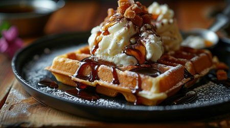 dessert of chocolate waffle with scoop of vanilla ice cream on topの素材