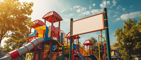 playing area with slides and empty white blank empty signboardの素材