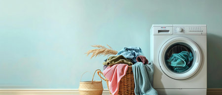 Laundry basket on the background of the washing machineの素材