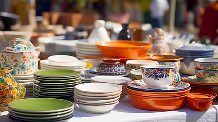 Second hand old household objects for sale at flea marketの素材