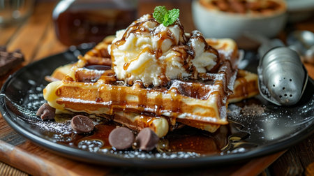 dessert of chocolate waffle with scoop of vanilla ice cream on topの素材