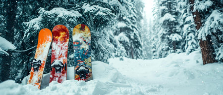 group of snowboards with snow forest backbannerの素材