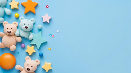 Baby kids toys for children on light blue backgroundの素材