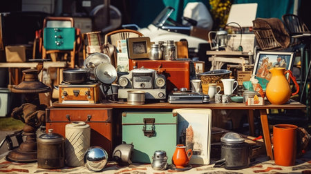 Second hand old household objects for sale at flea marketの素材