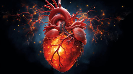 A photorealistic human heart suspended in mid-airの素材