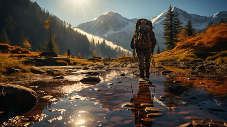 hiking backpack and boots and gear equipment for mountainの素材