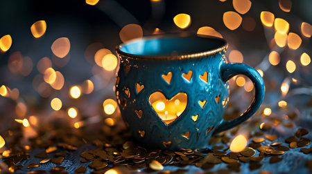 A cup of Blue latte on wooden table filled with golden lightの素材