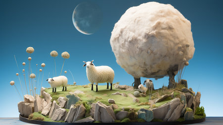 3d illustration cute cartoon sheep with lamp on the moon on blue backgroundの素材