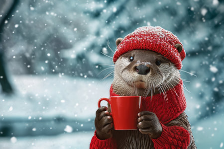 Cute smiling otter wearing a scarf and red hatの素材
