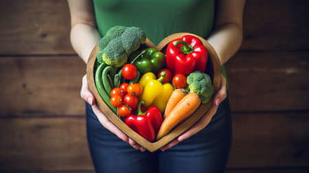 a person holding Fresh vegetables on wooden tableの素材