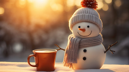 Cute snowman with a snowy winter landscape in the backgroundの素材