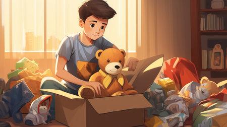 Teenager sorting and collect kid toys, clothes into boxes at homeの素材