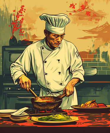 Graphic illustration of a Chinese chef in professional attire actively engaged in cookingの素材