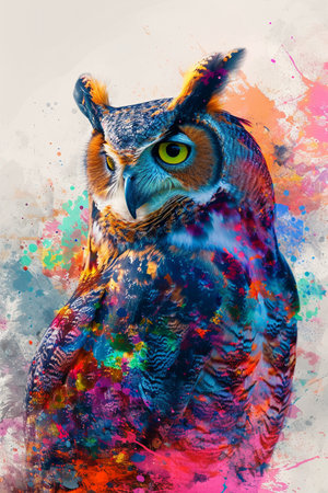 Abstract animal Owl portrait with colorful double exposure paintの素材