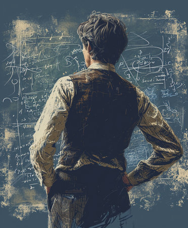 mid-20th century illustration style math tutor wearing a vest Standing in front of chalkboardの素材