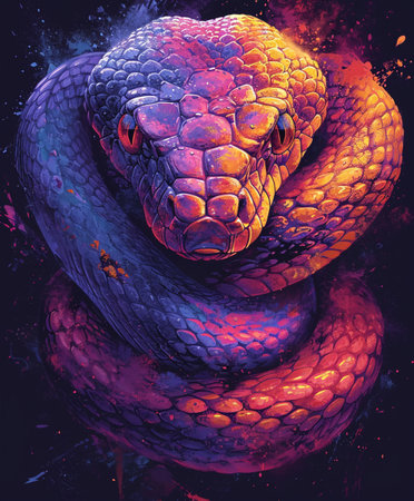 a vibrant and colorful illustration featuring various snakes intertwinedの素材