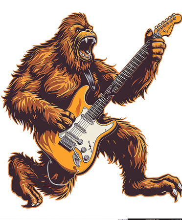 Illustration of Bigfoot playing a red electric guitar designの素材