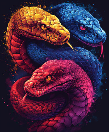 a vibrant and colorful illustration featuring various snakes intertwinedの素材