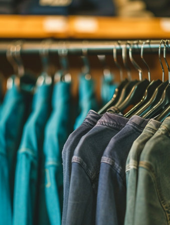 fashionable clothes on hangers on a wardrobe rack on a colored backgroundの素材