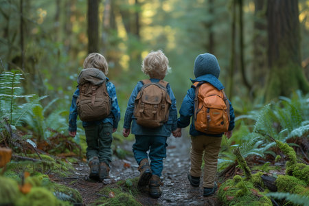 Imagine a peaceful forest journey Four children walking down forest pathの素材