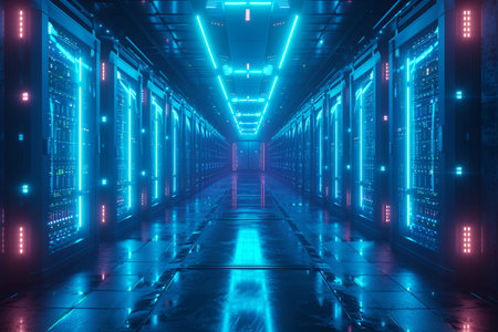 a futuristic data center with rows of high-tech servers glowing in neon blue colorの素材
