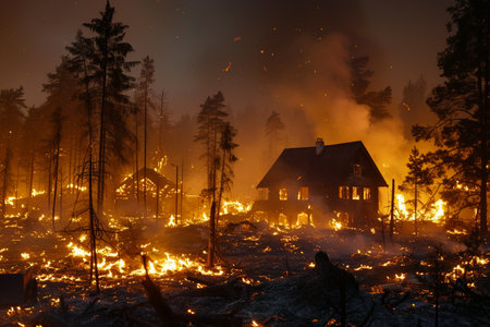 Forest fire wildfire at night time on the mountain with big smokeの素材