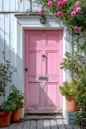 Clean pink doors and white walls with sidewalk in Parisの素材