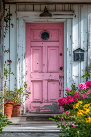 Clean pink doors and white walls with sidewalk in Parisの素材