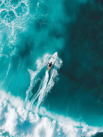 Surfer practicing surfing on wavy sea with splashing waterの素材