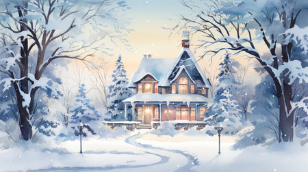 Watercolor winter house on a transparent backgroundの素材