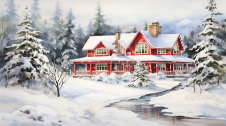 Watercolor winter house on a transparent backgroundの素材