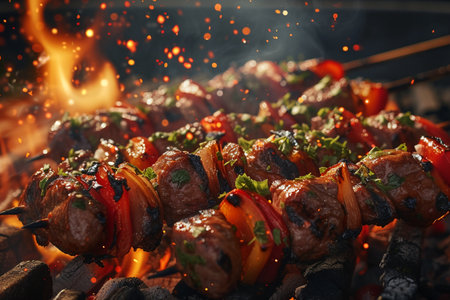 a sizzling skewered barbecue kebabs with succulent pieces of meatの素材
