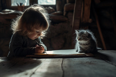 A child is drawing on a piece of paperの素材