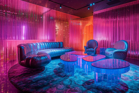 living room with holographic furniture and virtual reality elementsの素材